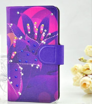 Кожен калъф тефтер с 3D камъни и клипс за HTC Desire 500 лилави цветя